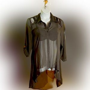 City Chic, Open/Drape Back, Hi/Low,Semi-Sheer, Long Sleeve Blouse, Lace, Size 14